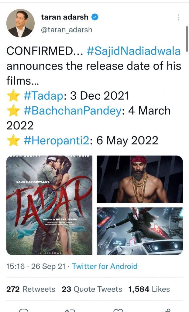Taran Adarsh twitt on Sajid's Film Release date
