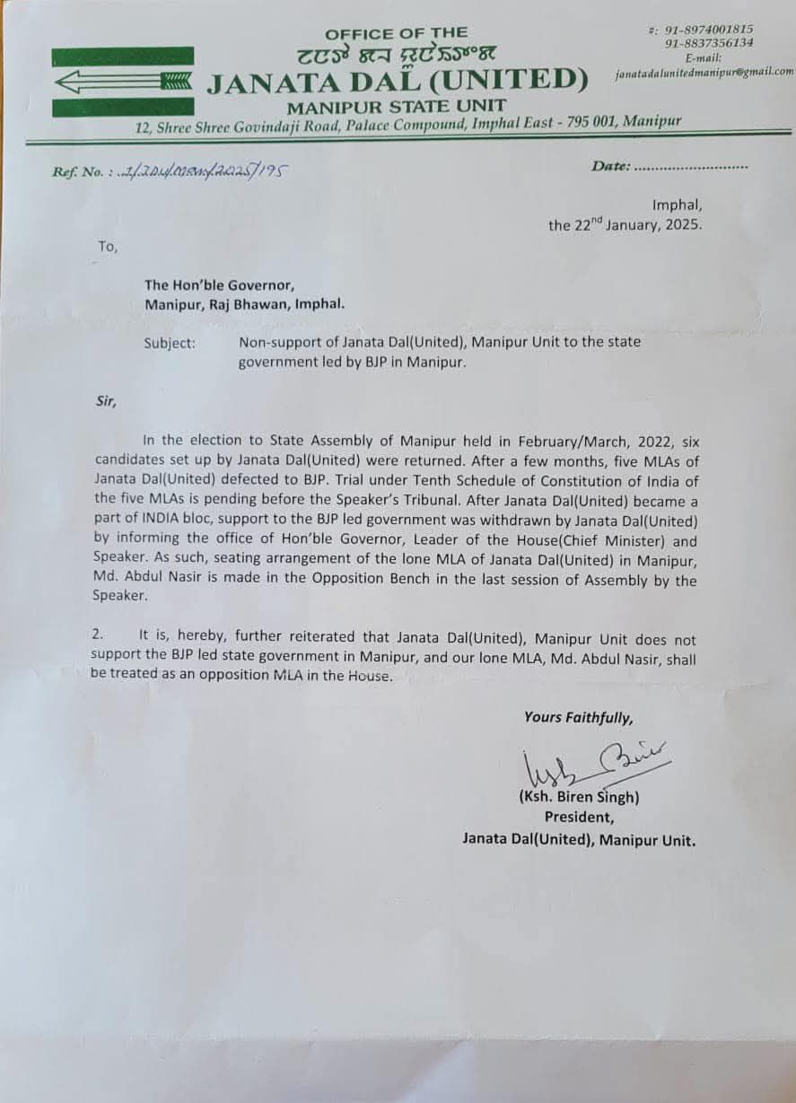 JDU withdraws its support from BJP's Viren government in Manipur.